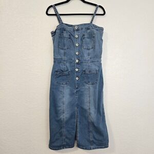 Dance & Marvel Denim Button Front Dress Jumper Strappy Pockets Size M